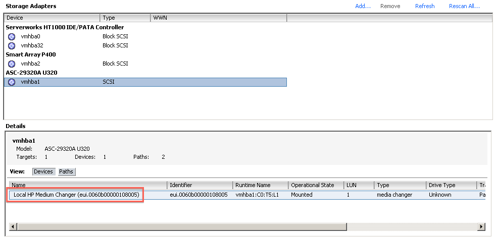 Multi-lun autoloader with VMware ESXi 5.0 with Adaptec SCSI HBA